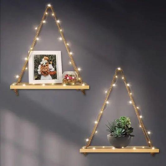 Étagère Lumineuse LED en bois Naturelle avec corde de jute